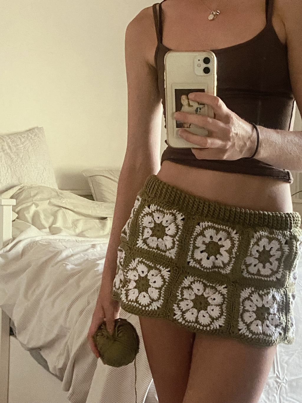 Olive Green Crochet Mini Skirt